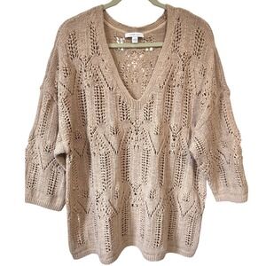 PureJill Crochet Vneck Sweater Beige Tan Women's Large Boho